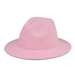 Close-up of pink wool fedora hat crown with fine stitching and smooth felt texture