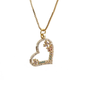 Golden heart pendant necklace with colorful crystal butterflies on white background