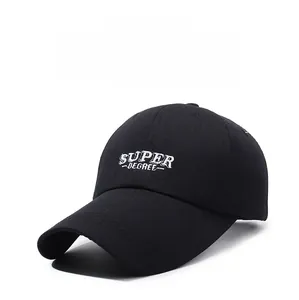 Close-up of white 'SUPER DEGREE' embroidery on black cotton twill baseball cap
