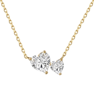 Exquisite S925 sterling silver golden necklace featuring two heart-shaped zircon pendants