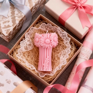 Pink creative flower bouquet candle with daisy carvings in a rustic gift box