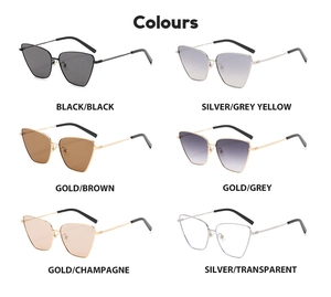 Multiple color variants of Y2K cat-eye metal sunglasses in a grid layout on white background