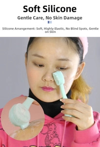 Detail of mint green dual-headed silicone facial brush for deep cleansing and exfoliating