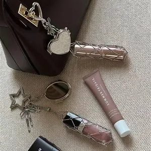 Fashion silver metal mesh lipstick holder keychain with star heart clip and mirror