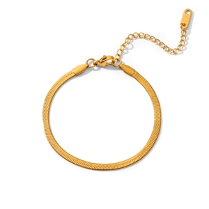 Detail view of golden stainless steel herringbone chain with lobster clasp and extension