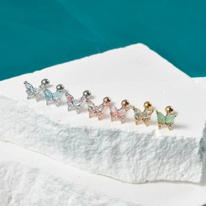 Surgical stainless steel butterfly stud earrings with colorful zircon and screw back balls