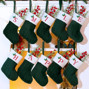 Christmas Stockings Knitted Blended Fabric Letter Embroidery Forest Green White Cable Knit Holiday Hanging Gift Bags