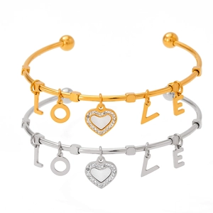 Gold and silver stainless steel heart bangles with white shell and love letter charms
