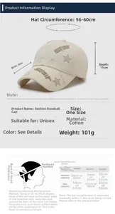 Detailed size chart for the star embroidered baseball cap with measurement guide