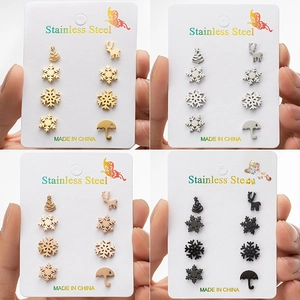 Stainless Steel Christmas Stud Earrings Snowflake Reindeer Tree Umbrella Festive Ear Studs For Women Minimalist Jewelry
