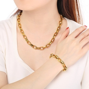Industrial style chunky gold square link chain necklace and bracelet set on model