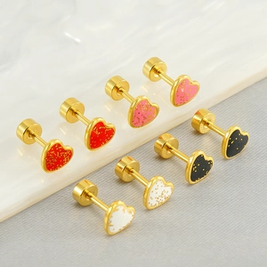 Orecchini A Cuore Placcati Oro 18K Acciaio Inossidabile Smalto Chiusura A Vite Sicuro Schiena Piatta Luccichio Ragazze
