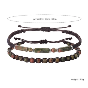 Handmade braided rope stone bracelet set with natural beads and cylindrical stones