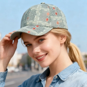 Fashionable baseball cap in blue with black crackle and red star print for men and women