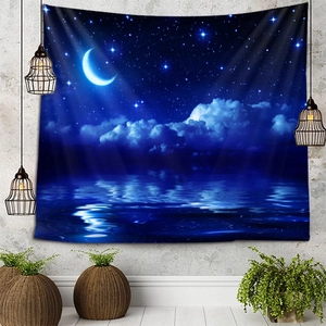 Detail showing starry night tapestry with moon and clouds hanging on a textured wall
