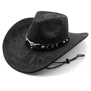 Cappello da cowboy nero in scamosciato con emblema a testa di toro e sottogola