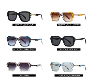 Showcase of six various colored square aviator sunglasses with stylish metal temple accents