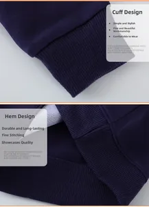 Detail of ribbed cuffs and hem on navy blue knitted toddler sweatshirt with fine stitching