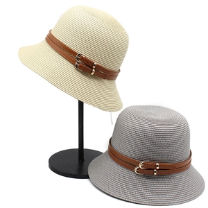 Women Straw Sun Hat Summer Woven Bucket Hat With Double Faux Leather Belt Metal Buckle Elegant Chic Sunshade Beach Travel