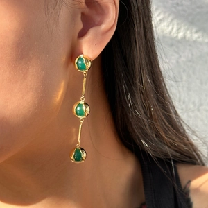Elegant 18k gold-plated titanium steel vintage earrings with triple green jade pendants