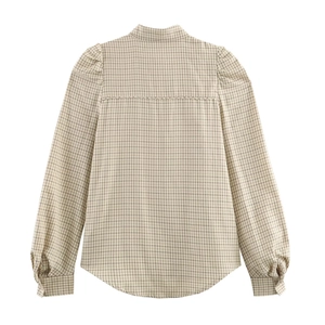 Back view of women's beige plaid long sleeve shirt with puff shoulders and stand collar