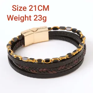 Multilayer men's leather bracelet with brown tiger eye beads and gold magnetic buckle