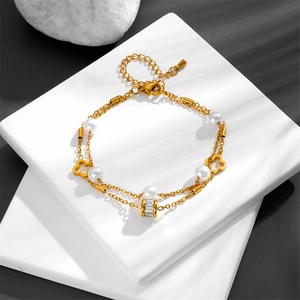 Layered Titanium Steel Bracelet Women With Faux Artificial Pearls Hollow Clover Charm Zircon Cylinder Bead Elegant Fashion Jewelry