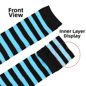 Detail of blue and black striped knee-high socks showing the inside and outside knit texture