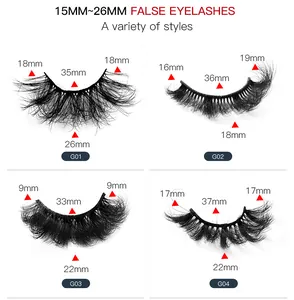 Size chart showing 15mm-26mm messy thick false eyelashes with detailed length measurements