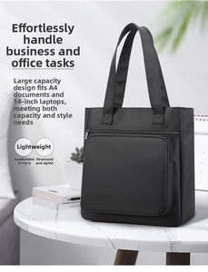 Macro shot of waterproof black nylon business tote bag fitting a 14-inch laptop