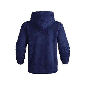 Detail view of the back of a thick navy blue fleece hoodie showing soft fabric texture