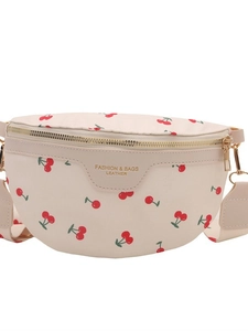 Beige PU leather crossbody chest bag with red cherry print and golden zipper detail