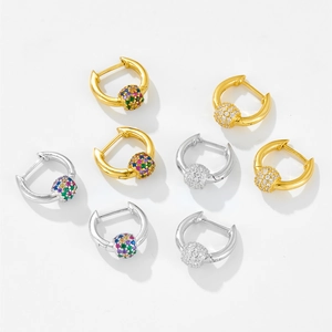 S925 sterling silver hoop earrings with colorful pavé zircon globes in gold and silver