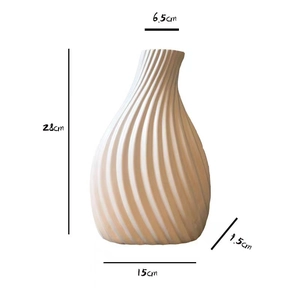Minimalist off-white ceramic vase with spiral wave texture and precise size annotations