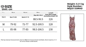 Size chart detail for zebra and leopard print backless maxi dress in S, M, L sizes