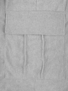 Detail showing the gray corduroy fabric texture and functional flap pocket design