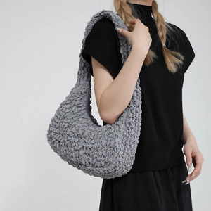 Grey pleated cloud hobo bag in bubble fabric, soft large capacity crossbody style