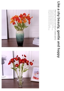 Close-up of artificial poppy silk petals and flocked stems in decorative vases