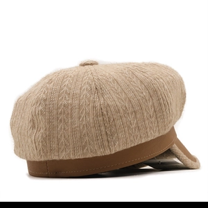 Vintage khaki knit newsboy cap with brown leather trim for women in autumn and winter