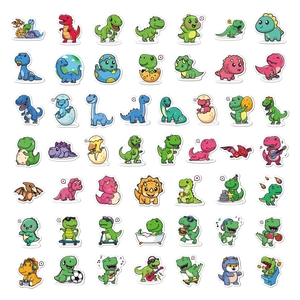 Detailed view of 49 waterproof PVC dinosaur stickers in various cartoon dynamic poses