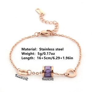 Rose gold stainless steel bracelet with purple crystal bead and Roman numeral charms