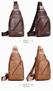 Detail of coffee and yellow faux leather chest bags with micro-grain texture and metal buckles