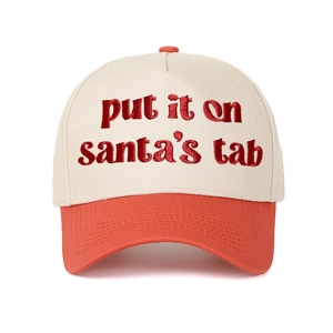 Close-up of Put It on Santa's Tab 3D red embroidery on two-tone festive baseball cap