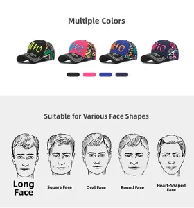 Detail view of WHO embroidered baseball caps in four colors with face shape styling guide
