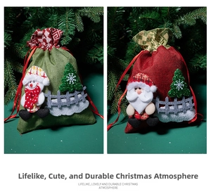 Detail of Christmas drawstring gift bags with 3D Santa and Snowman embroidery patches