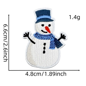 Detailed blue winter snowman embroidery patch with size measurements 6.6cm by 4.8cm