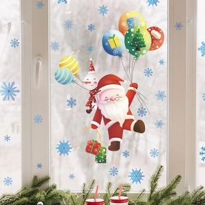 Christmas Wall Stickers Santa Claus Hot Air Balloon Snowflakes PVC Removable Window Decals Home Decor Cartoon Holiday
