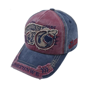 Detail of vintage distressed shark patch and contrast stitching on a baseball cap