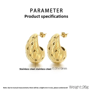 Detailed view of woven teardrop earrings in stainless steel with 31x19mm size specs