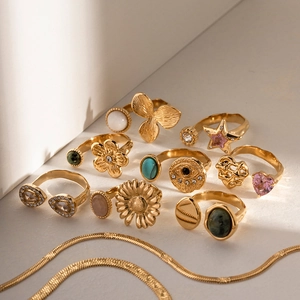 French vintage titanium steel open rings with flower and evil eye charms in gold finish
